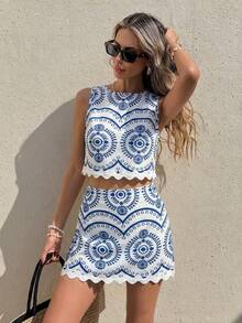 Serisse Women's Vacation Geometric Print Curved Hem Tank Top And Mini Skirt 2 Pieces Set Beach Vacation Blue White Summer Sexy Jamaican - Blue - View 5
