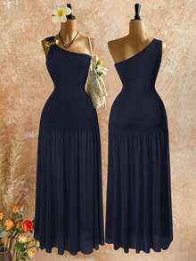 Rafferiza Robe moulante en maille élastique bleu clair avec boucle métallique décorative à une épaule pour femmes, robe d'hiver, robe de Noël, robe du Nouvel An, robe de soirée, robe élégante, robe de remise des diplômes, robe de plage, robe de fête de Noël, robe du réveillon du Nouvel An, robe de fête de Noël, robe de soirée élégante, robe de soirée longue - Bleu marine - Voir 2