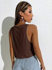 SHEIN EZwear 女款休閒棕色大U領寬鬆短版背心，適合夏季 - 棕色 - 查看 2