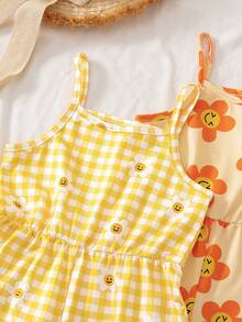 SHEIN Elladie kids 女童針織牛奶絲彈性吊帶連身衣3件組，甜美休閒度假風，純色+大花臉+格紋雛菊印花，嬰幼兒居家日常戶外玩樂幼兒園學校休閒百搭，柔軟舒適收腰連身衣，活潑活力夏日風 - 彩色 - 查看 6