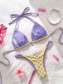 Elavelle Springbreak 女款海灘裝夏季套裝 素色細肩帶性感比基尼套裝 - 彩色 - 查看 3