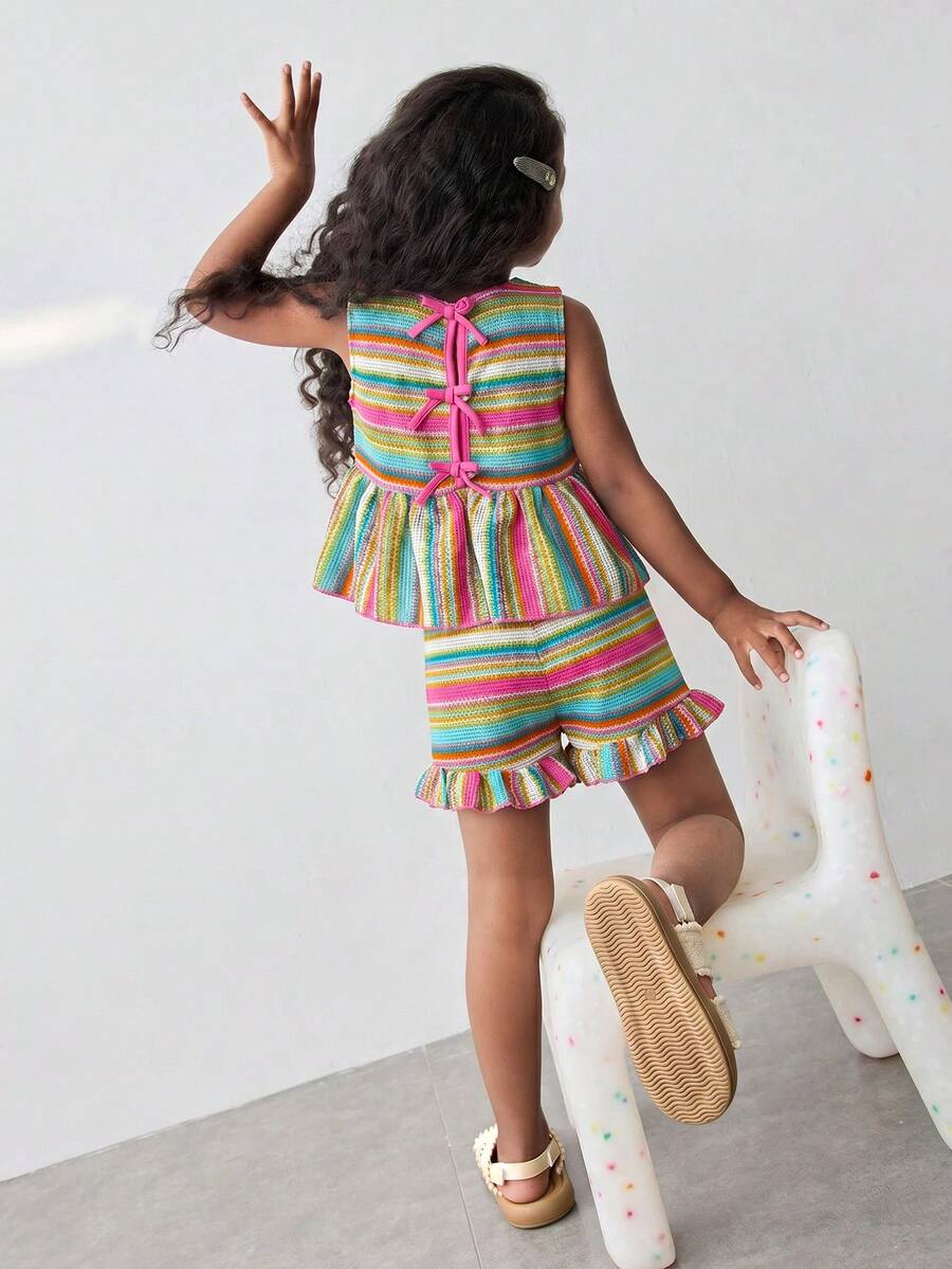 Maija Kids Maija Kids Young Girl Patchwork Striped Tank Top And Shorts 2pcs Set - Multicolor - View 1