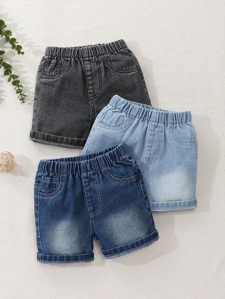 SHEIN Vintaside Kids 3件組男嬰牛仔短褲,夏季新款復古休閒做舊水洗,鬆緊腰頭,寬鬆直筒褲腿,適合男嬰日常、夏季、上學、派對、度假、休閒穿著 - 彩色 - 查看 1