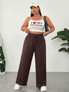 SHEIN EZwear 女款大尺碼圓點抽繩彈性腰長褲 - 棕色 - 查看 5