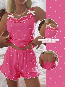 CottageSlumber Women's Ribbed Velvet Camisole & Shorts Pajama Set With Ruffle Trim, Small Bows And Romantic Heart Design - Hot Pink - View 2
