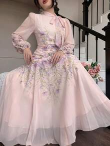 Modelyn 女士系带腰部褶皱印花长袖连衣裙 - 淺粉色 - 查看 5