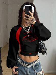 Coolane 女士休闲字母印花插肩袖短款卫衣 - 彩色 - 查看 4