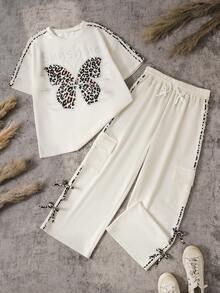 SHEIN 2pcs/Set Girls Casual Chic StreetFashion Outfit,White Loose Fit Round Neck Leopard Print T-Shirt Wide Leg Pants,Cute Summer Back-To-School School - Apricot - View 1