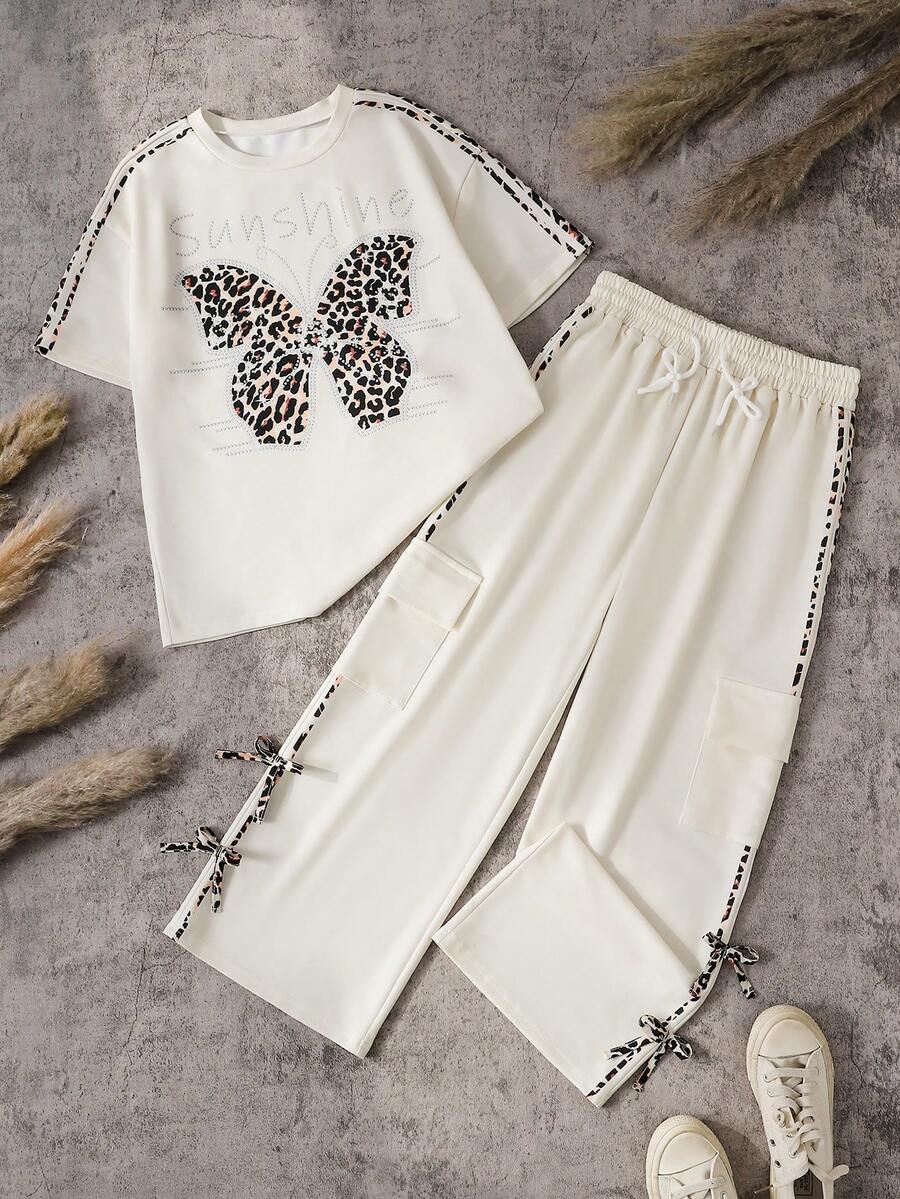 SHEIN 2pcs/Set Girls Casual Chic StreetFashion Outfit,White Loose Fit Round Neck Leopard Print T-Shirt Wide Leg Pants,Cute Summer Back-To-School School - Apricot - View 1