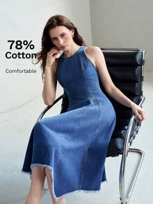 MOTF PREMIUM WOMEN'S ASYMMETRIC HEM A-LINE DENIM MIDI DRESS, SPRING/SUMMER BRUNCH EVERYDAY BLUE FRENCH CASUAL - Blue - View 1