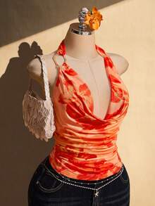 SHEIN ICON Plus Size Floral Print Ruffle Neck Backless Halter Top Beach Vacation Orange Summer - Orange - View 11