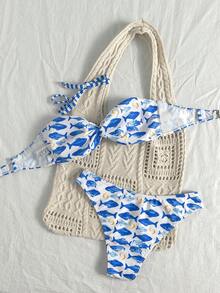 Swim Mod Spring/Summer New Blue Small Fish Print Spaghetti Strap Twist Bandeau Low Waist Pants Two-Piece Vacation Set - Multicolor - View 2