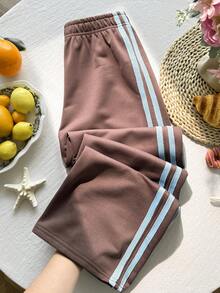 SHEIN Tween Girls Sweatpants Summer New Retro Brown Colorblock Webbing Patchwork Casual Loose Sweatpants - Brown - View 1
