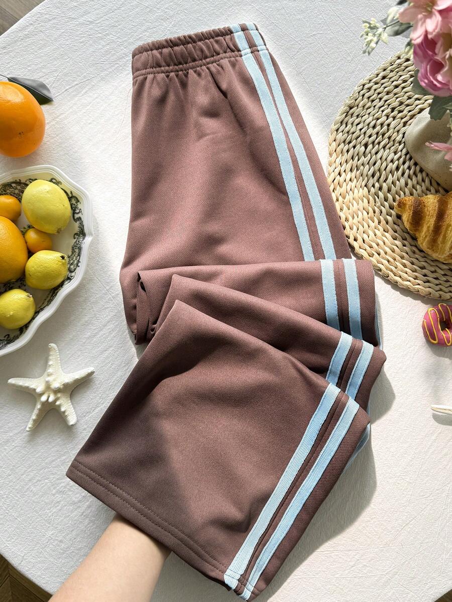 SHEIN Tween Girls Sweatpants Summer New Retro Brown Colorblock Webbing Patchwork Casual Loose Sweatpants - Brown - View 1