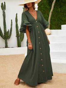 EURMUSE VCAY V Neck Ruffle Sleeve Slit Detailed Premium Summer Dress - Green - View 5