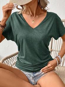 SHEIN Frenchy 女款簡約純色百褶日常/度假V領上衣深色T恤 - 墨綠色 - 查看 3