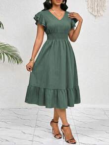 SHEIN Lady Women's Solid Color Shirred Ruffle Short Sleeve Shirred Waist Casual Mini Dress - Green - View 5