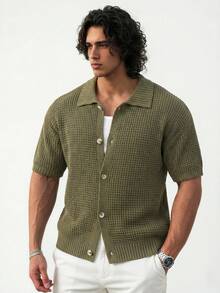Ironwick Men's Solid Color Button Front Short Sleeve Casual Knitted Top - Dark Green - View 5