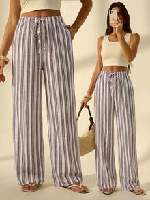 SHEIN Tall 女款休閒條紋直筒長褲，適合度假穿著 - 彩色 - 查看 1