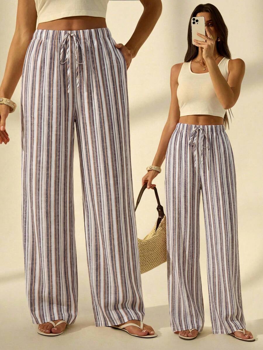SHEIN Tall 女款休閒條紋直筒長褲,適合度假穿著 - 彩色 - 查看 1