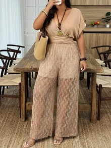 Weeklong Jumpsuit Kasual Liburan Musim Semi/Panas Wanita Ukuran Besar dengan Leher Silang dan Pinggang Ramping serta Patchwork Renda - Khaki - View 3