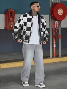 Devon Thys Manfinity Streetrush 舒适撞色棋盘格纹男士长袖夹克，格子夹克，黑白夹克，赛车夹克，秋季款 - 黑色 - 查看 2
