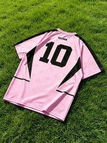 ROMWE MEN Prep World Cup Men's Casual Sports Contrast Color Numeric Print Raglan Short Sleeve Soccer Jersey T-Shirt, Summer - Pink - View 2