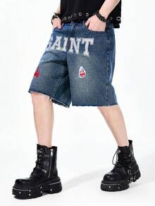 ROMWE MEN Men's Printed Denim Shorts, Suitable For Spring And Summer - Blue - View 4