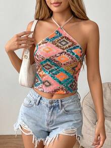 SHEIN PETITE 女款亮片掛脖露背修身上衣 米色 夏季度假穿搭 YK2 生日度假派對之夜 音樂節派對 小碼女款 - 玫紅色 - 查看 8