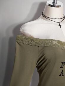 SHEIN ICON 女款大尺碼蕾絲拼接字母印花露肩喇叭袖T恤 - 綠色 - 查看 6