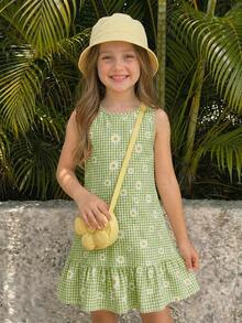 Emery Rose Kids Emery Rose Kids 女童休閒度假時尚黃白格紋雛菊圖案圓領無袖洋裝 - 綠色 - 查看 7