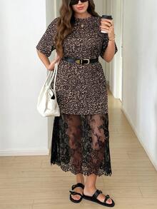 SHEIN CURVE+ Đầm nữ size lớn họa tiết da báo phối ren phong cách thường ngày đi tiệc - Nhiều màu - Xem 6