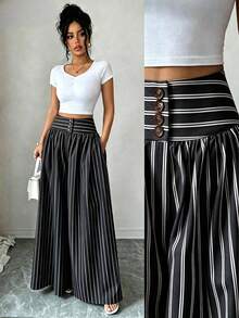 Elenzga Women's High Waist Striped Casual Fashion Long Pants - Black - View 3