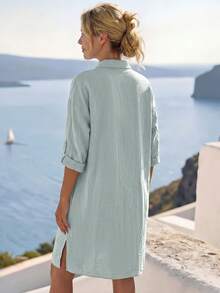 Faunlyn Women's Mid-Length Blue And White Striped Single-Breasted Short Sleeve Shirt Dress - Green - View 2