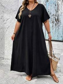 SHEIN CURVE+ 大码女装纯色休闲派对旅行连衣裙 大码女装 8XL 女装 大码女装连衣裙 宽松连衣裙 大码夏季服装 8XL 连衣裙 黑色长款连衣裙 大码女装夏季服装 - 黑色 - 查看 3