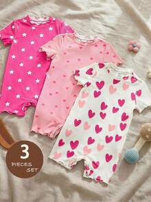 SHEIN 3pcs Baby Girl Knitted Star & Heart Pattern Ruffle Collar Casual Romper Set - Multicolor - View 3