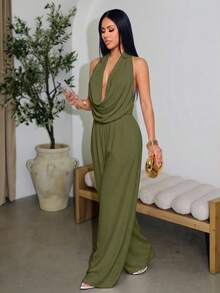 SOLERSUN 女款優雅性感度假風橄欖綠掛脖垂領露背口袋寬腿連身褲，適合辦公室、夜晚外出、夜店、商務、夏季 - 橄欖綠 - 查看 5