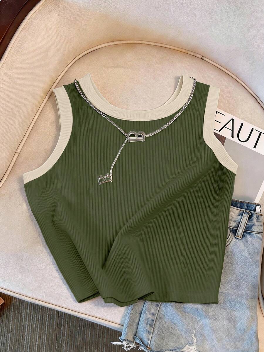 Resyla Camiseta de tirantes ajustada de cuello redondo con ribete de contraste de unicolor para mujer talla grande - Multicolor - Ver 1