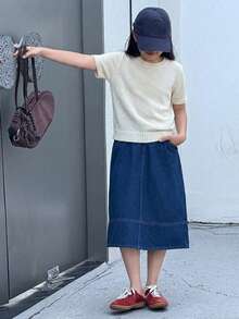 Dazy Kids 少女簡單百搭圓領短袖針織上衣 - 米色 - 查看 6