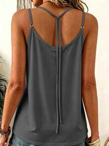 Breezaya Atasan Tank Top Camisole Kasual Musim Semi/Panas untuk Wanita dengan Pita di Belakang, Pakaian Liburan - Grey - View 2