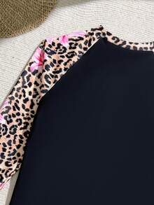 SHEIN Teen Long Sleeve Sun Protection Tropical Leopard Print Iris Floral Swimsuit Set, Suitable For Summer Beach Vacation, Holiday, Swimming, Party, Pool - Multicolor - View 4