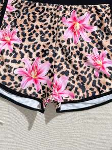 SHEIN Teen Long Sleeve Sun Protection Tropical Leopard Print Iris Floral Swimsuit Set, Suitable For Summer Beach Vacation, Holiday, Swimming, Party, Pool - Multicolor - View 5