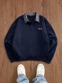 SWAVVY Men's Spring/Autumn Casual Standard Size Black Pullover Sweatshirt With Turn-Down Collar And Embroidery - Navy Blue - View 1