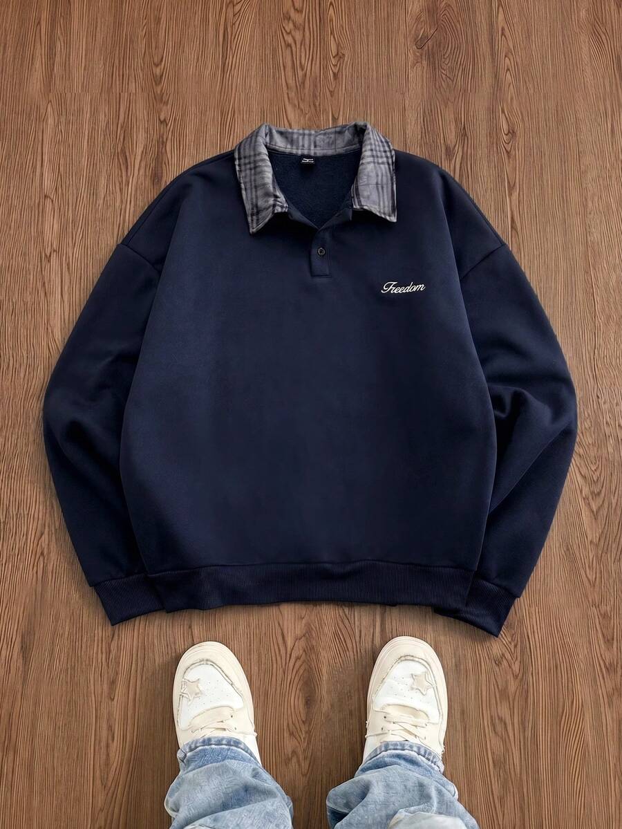 SWAVVY Men's Spring/Autumn Casual Standard Size Black Pullover Sweatshirt With Turn-Down Collar And Embroidery - Navy Blue - View 1