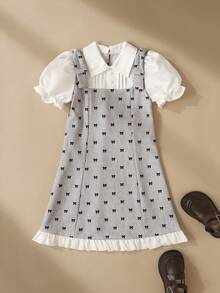 SHEIN Young Girls' 2 In 1 Dress With Bowknot Print, White Puff Short Sleeves, Cinched Waist, A-Line Bowknot Design, Patchwork Detail, Suitable For Parties, Outings And School Wear - Grey - View 5