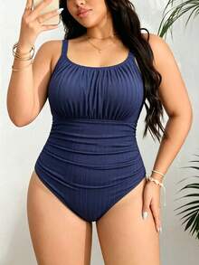 Swim Vcay 大尺碼女款一件式泳衣，特殊舒適素色面料，適合夏季海灘度假 - 藏蓝色 - 查看 4