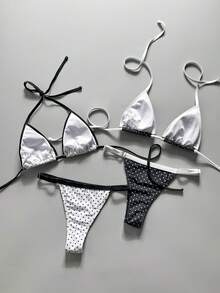 Swim Vcay 女款泳裝套裝，沙灘裝，肩帶露背上衣與丁字褲組合套裝，海灘度假風多件式套裝，夏季新款泳衣 - 黑與白 - 查看 2