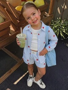 SHEIN 三件套：条纹休闲衬衫+吊带背心+短裤套装，适合年轻女孩；女孩两件套衬衫套装；学院风两件套；女孩春秋套装；女孩春秋套装；女孩草莓刺绣条纹套装；女孩套装；女孩服装套装；校服上衣；秋冬校服上衣 - 藍色 - 查看 4