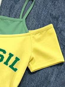Spring Summer Autumn Tween Girls' Creative Personalized Brazil Five-Pointed Star Yellow Green Striped Yellow Base Side Double Green Strip Letter Slogan Pattern Casual Style 2 In 1 Off-Shoulder Camisole Short Sleeve T-Shirt Tops - Multicolor - View 3
