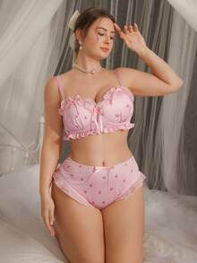 DelicateAllure 2pcs Set Plus Size Underwear With Molded Cup, Underwire, Mesh Inset, Ruffle Trim, Bow Accent, Lift & Enhance, Bow & Stripe Pattern - Pink - View 5